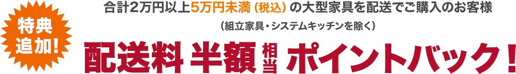 追加特典 合計2万円以上5万円未満(税込)の大型家具を配送でご購入のお客様(組立家具・システムキッチンを除く)配送料半額相当ポイントバック