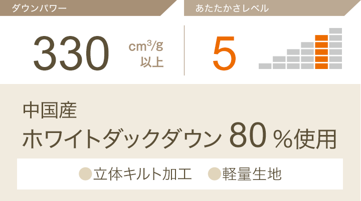 ダウンパワー330㎠/g以上 あたたかさレベル5 中国産シルバーダックダウン80%使用