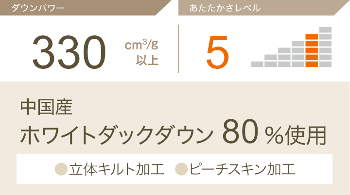 ダウンパワー330㎠/g以上 あたたかさレベル5 中国産ホワイトダックダウン80%使用