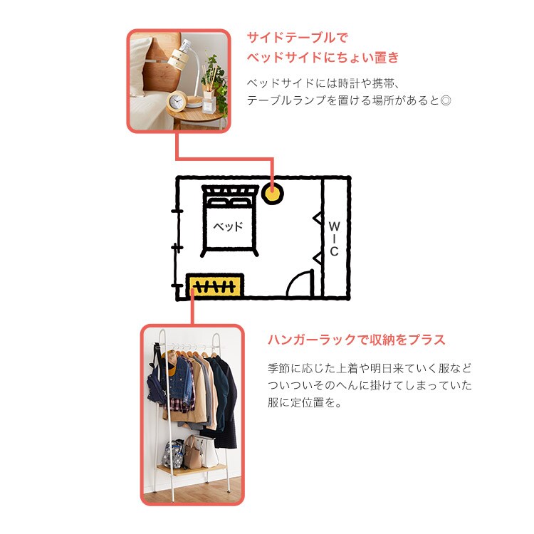 ベッドの位置を見直して、空いたスペースにサイドテーブルとハンガーラックを買い足すとぐっと便利に。