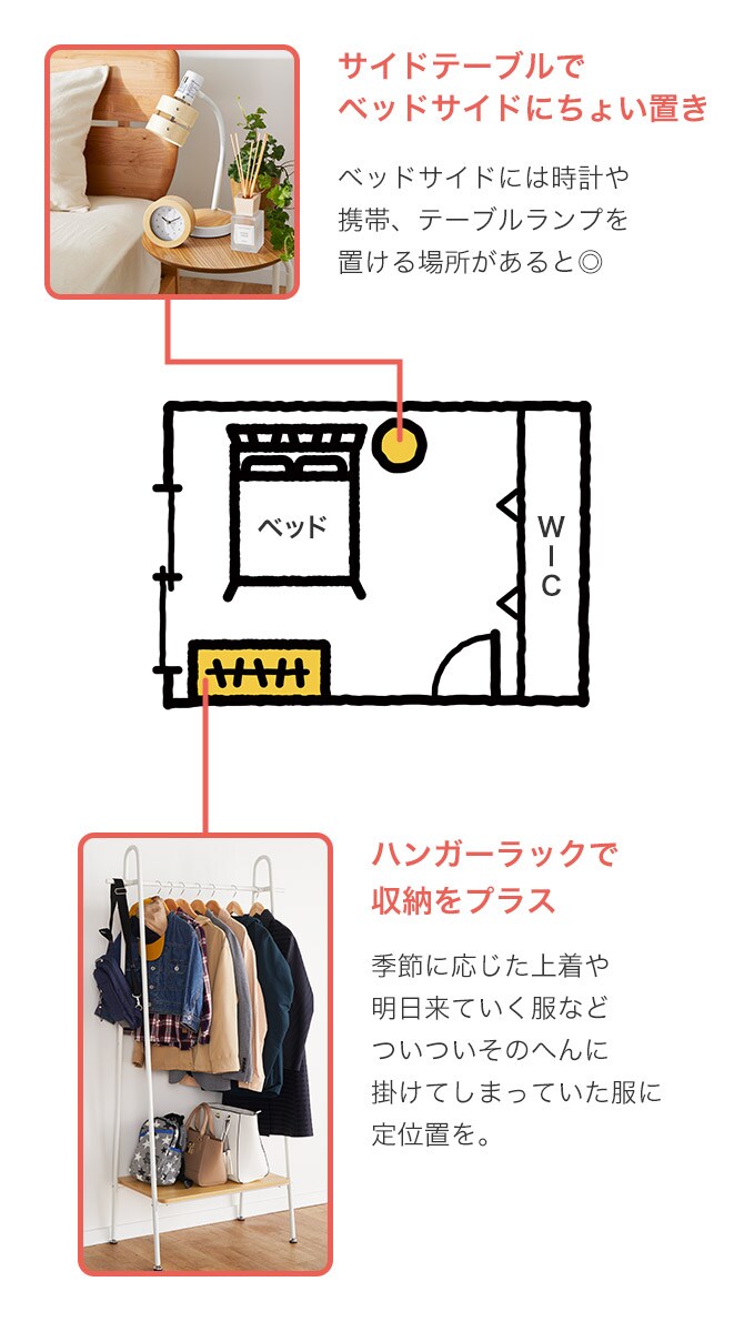 ベッドの位置を見直して、空いたスペースにサイドテーブルとハンガーラックを買い足すとぐっと便利に。