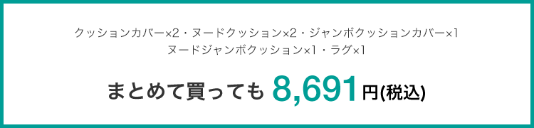 クッションカバー×2・ヌードクッション×2・ジャンボクッションカバー×1ヌードジャンボクッション×1・ラグ×1 まとめて買っても 8,691円(税込)