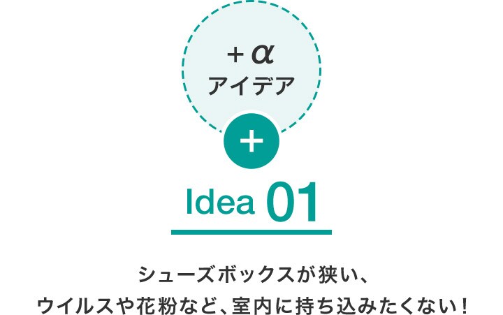 +αアイデア Idea 01 シューズボックスが狭い、ウイルスや花粉など、室内に持ち込みたくない!