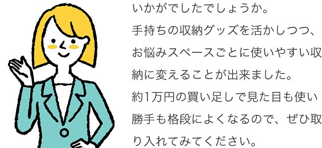 いかがでしたでしょうか。手持ちの収納グッズを活かしつつ、お悩みスペースごとに使いやすい収納に変えることが出来ました。約1万円の買い足しで見た目も使い勝手も格段によくなるので、ぜひ取り入れてみてください。