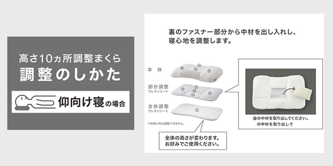 高さが10ヵ所調整できる枕