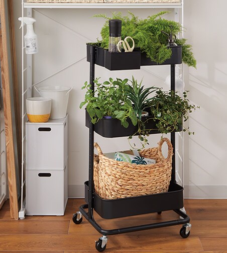 植物はワゴンにいれてポルダの下に収納。お手入れする時、日に当てる時、好きな時に出し入れできて便利です。