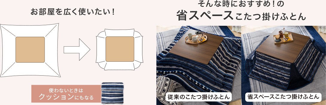 お部屋を広く使いたい!そんな時におすすめ!の省スペースこたつ掛けふとん