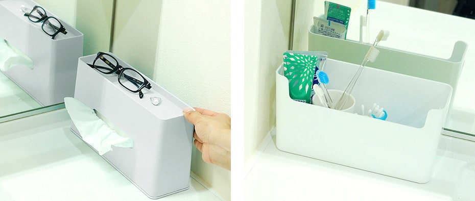 外に置いたほうが効率的な洗面まわりのものは、見た目がよく機能的なケースに入れて。歯ブラシや歯磨き粉は収納ケースに入れれば見栄えがよく、掃除もしやすくなります。