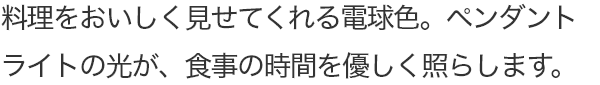 料理をおいしく見せてくれる電球色。ペンダントライトの光が、食事の時間を優しく照らします。