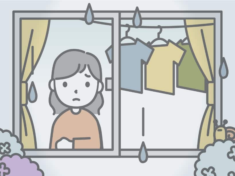 外は曇天の雨模様で憂鬱な表情な女性のイラスト
