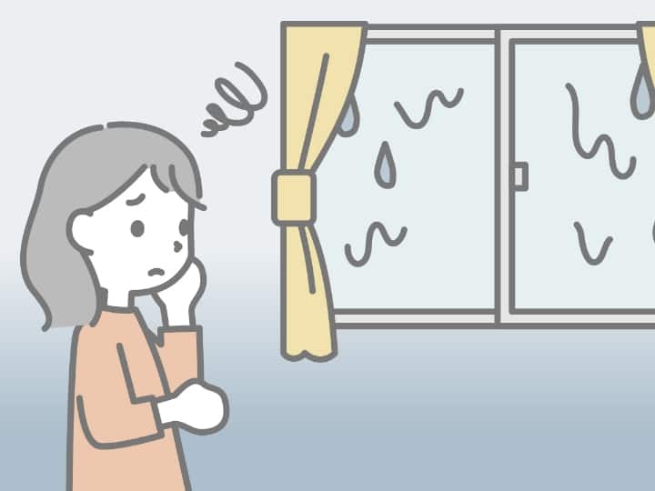 梅雨のジメジメした室内で困る女性のイラスト