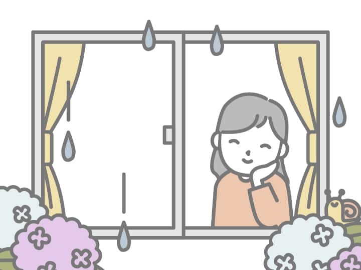 外は雨でもにこやかな女性のイラスト