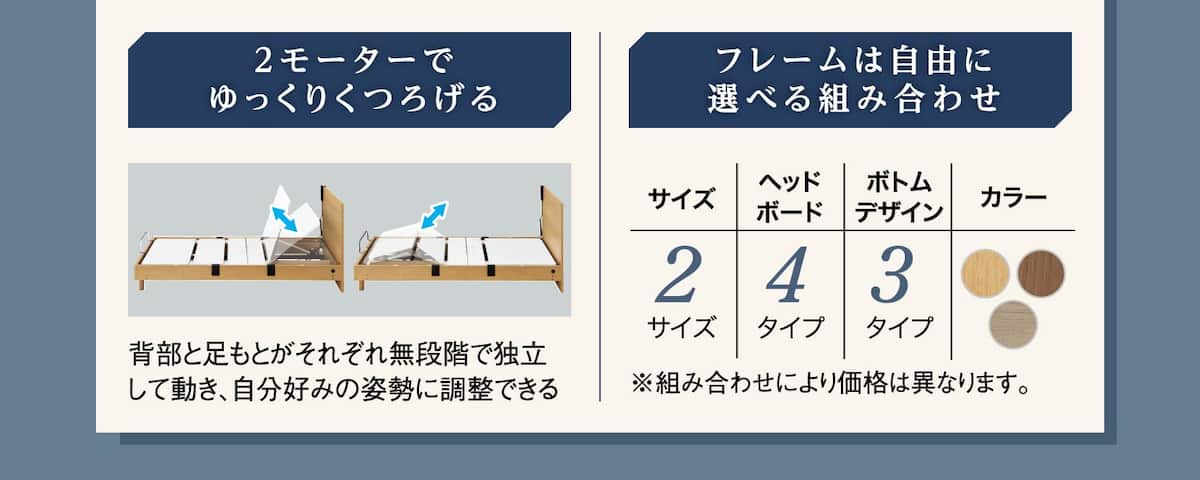 2モーターでゆっくりくつろげる 背部と足もとがそれぞれ無段階で独立 フレームは自由に選べる組み合わせ ※組み合わせにより価格は異なります