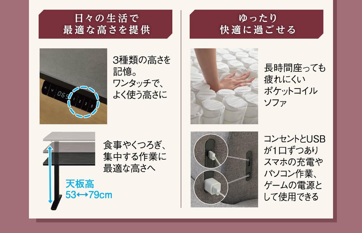 日々の生活で最適な高さを提供3種類の高さを記憶。ワンタッチで、よく使う高さに 食事やくつろぎ、集中する作業に最適な高さへ ゆったり快適に過ごせる 長時間座っても疲れにくいポケットコイル コンセントとUSBが1口ずつありスマホの充電やパソコン作業、ゲームの電源として使用できる