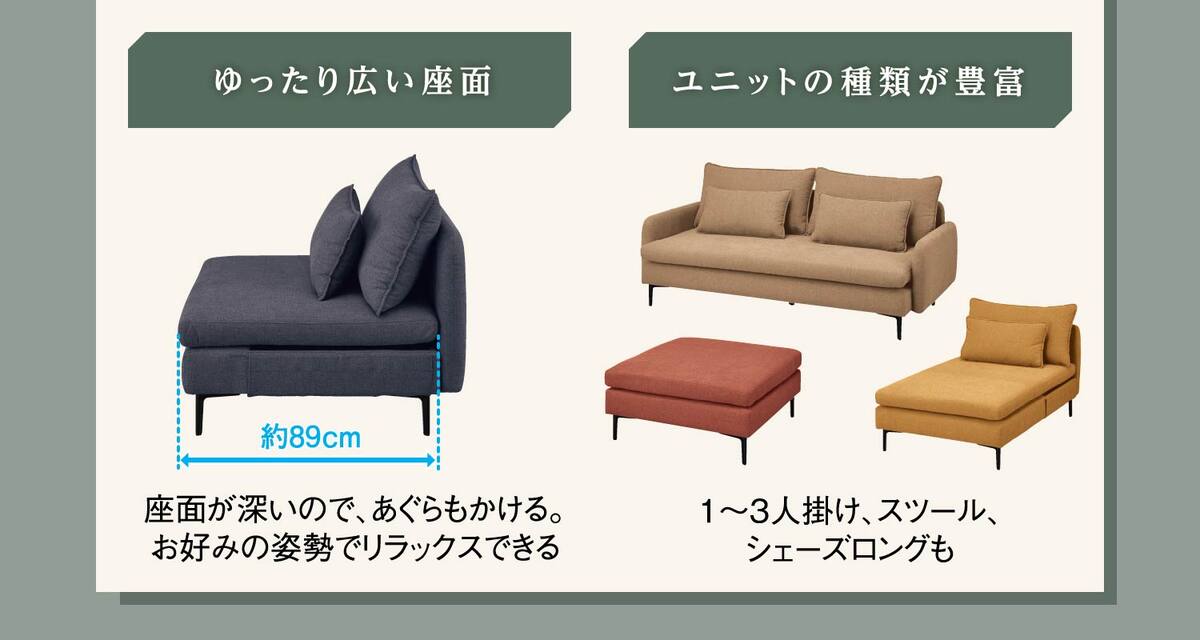 ゆったり広い座面 座面が深いので、あぐらもかける。 ユニットの種類が豊富 1〜3人掛け、スツール、シェーズロングも