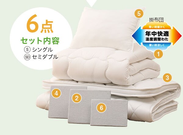 年中快適な温度調整綿入り掛ふとん6点セット内容