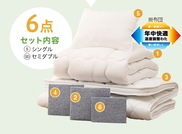 年中快適な温度調整綿入り掛ふとん6点セット内容