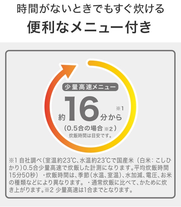 時間がないときでもすぐ炊ける 便利なメニュー付き