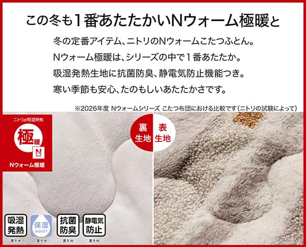 冬の定番アイテム、ニトリのＮウォームこたつふとん。Ｎウォーム極暖は、シリーズの中で1番あたたか。吸湿発熱生地に抗菌防臭、静電気防止機能つき。冬の季節も安心、たのもしいあたたかさです。吸湿発熱（裏生地）・保湿（裏生地）・抗菌防臭（裏生地）・静電気防止（裏生地）