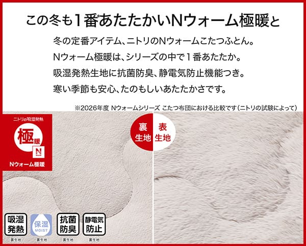 冬の定番アイテム、ニトリのＮウォームこたつふとん。Ｎウォーム極暖は、シリーズの中で1番あたたか。吸湿発熱生地に抗菌防臭、静電気防止機能つき。冬の季節も安心、たのもしいあたたかさです。吸湿発熱（裏生地）・保湿（裏生地）・抗菌防臭（裏生地）・静電気防止（裏生地）