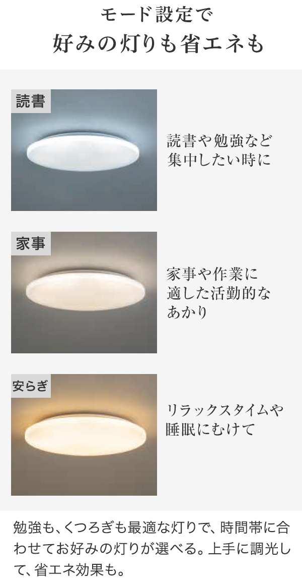 モード設定で好みの灯りも省エネも