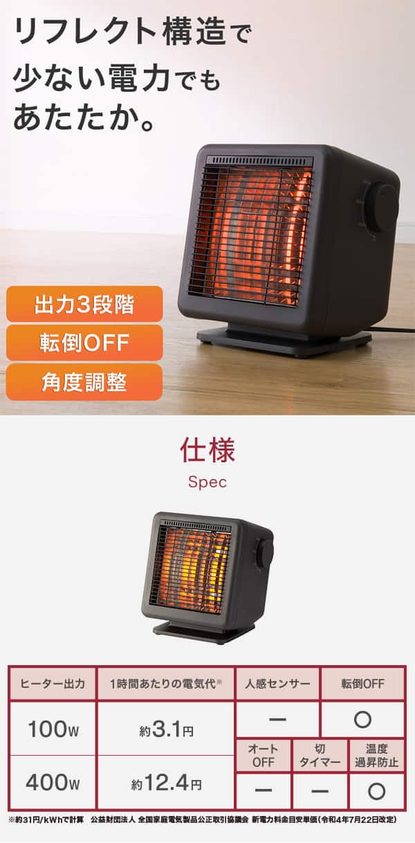 リフレクト構造で少ない電力でもあたたか。