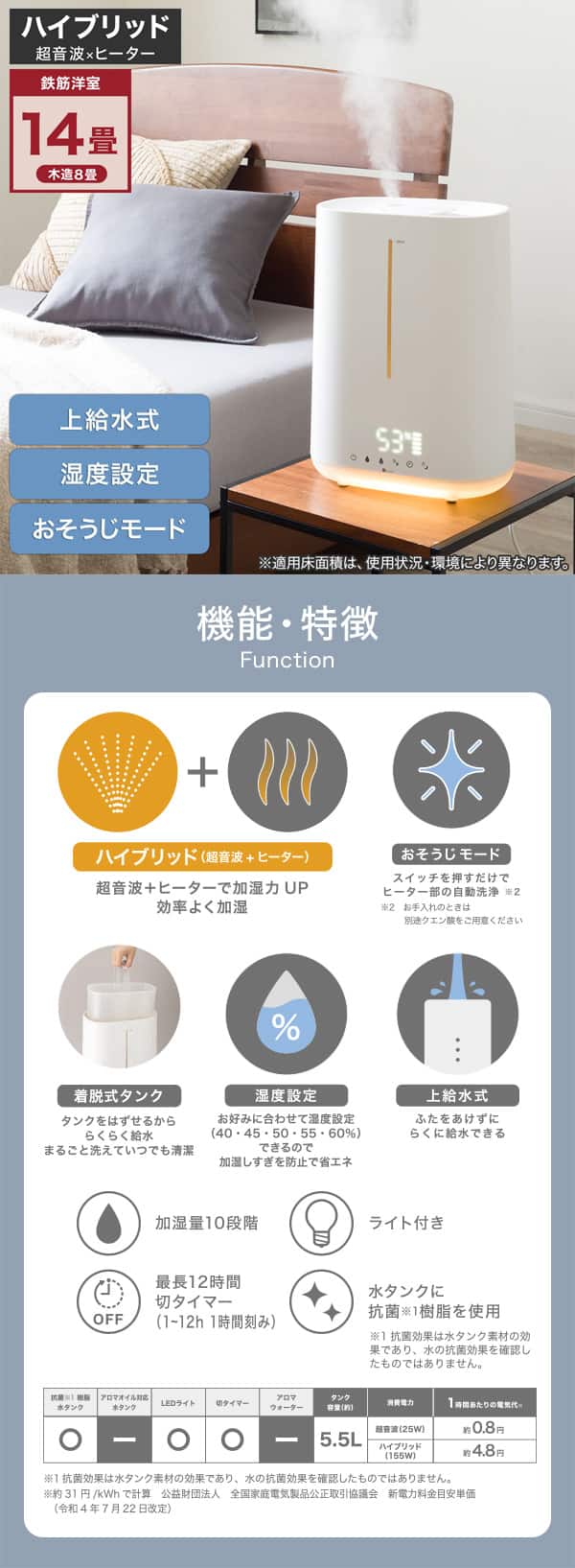 ハイブリッド　上給水式　湿度設定　おそうじモード