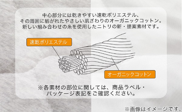 中心部分には乾きやすい速乾ポリエステル、その周辺に紡がれたやさしい肌ざわりのオーガニックコットン。新しい組み合わせの糸を使用したニトリの新・提案素材です。※各素材の部位に関しては、商品ラベル・パッケージ表記をご確認ください。