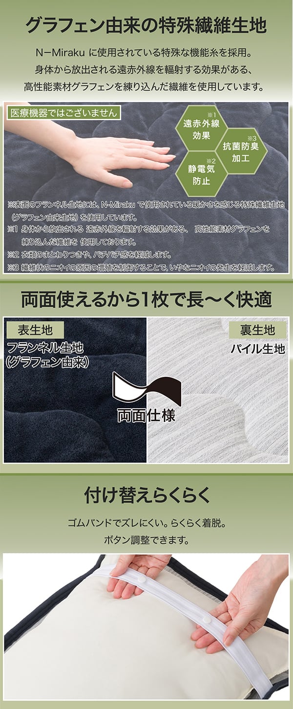 グラフェン由来の特殊繊維生地　N-Miraku に使用されている特殊な機能糸を採用。身体から放出される遠赤外線を輻射する効果がある、高性能素材グラフェンを練り込んだ繊維を使用しています。医療機器ではございません。遠赤外線効果※身体から放出される遠赤外線を輻射する効果がある、高性能素材グラフェンを練り込んだ繊維を使用しております。抗菌防臭加工※衣類のまとわりつきや、バチバチ感を軽減します。静電気防止※繊維状のにおいの原因の増殖を抑制することで、いやなニオイの発生を軽減します。※表面のフランネル生地には、N-Mirakuで使用されている暖かさを感じる特殊繊維生地（グラフェン由来生地）を使用しています。両面使えるから1枚で長～く快適。表生地はフランネル生地（グラフェン由来）裏生地はパイル生地。付け替えらくらく。ゴムバンドでズレにくい。らくらく着脱。ボタン調整できます。