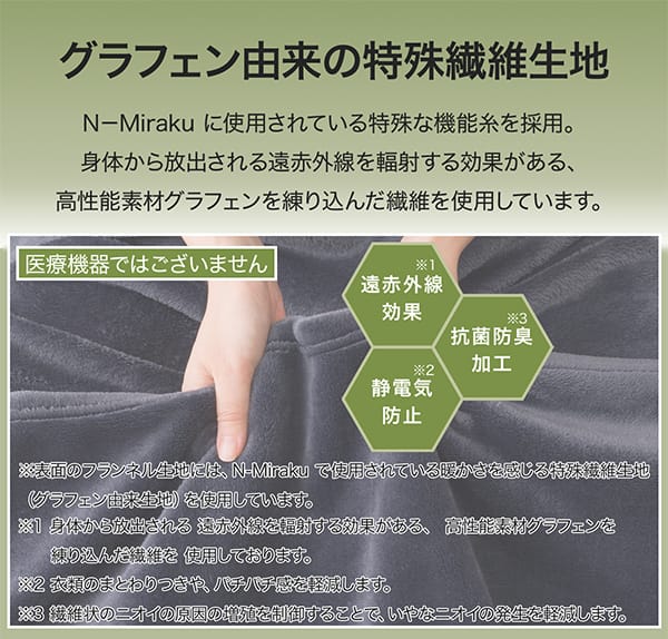 グラフェン由来の特殊繊維生地　N-Miraku に使用されている特殊な機能糸を採用。身体から放出される遠赤外線を輻射する効果がある、高性能素材グラフェンを練り込んだ繊維を使用しています。医療機器ではございません。遠赤外線効果※身体から放出される遠赤外線を輻射する効果がある、高性能素材グラフェンを練り込んだ繊維を使用しております。抗菌防臭加工※衣類のまとわりつきや、バチバチ感を軽減します。静電気防止※繊維状のにおいの原因の増殖を抑制することで、いやなニオイの発生を軽減します。※表面のフランネル生地には、N-Mirakuで使用されている暖かさを感じる特殊繊維生地（グラフェン由来生地）を使用しています。