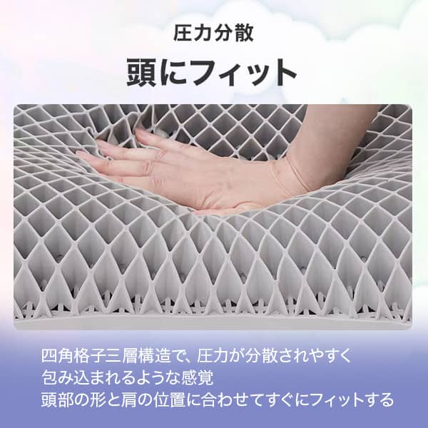圧力分散　頭にフィット。四角格子三層構造で、圧力が分散されやすく包み込まれるような感覚。頭部の形と肩の位置に合わせてすぐにフィットする