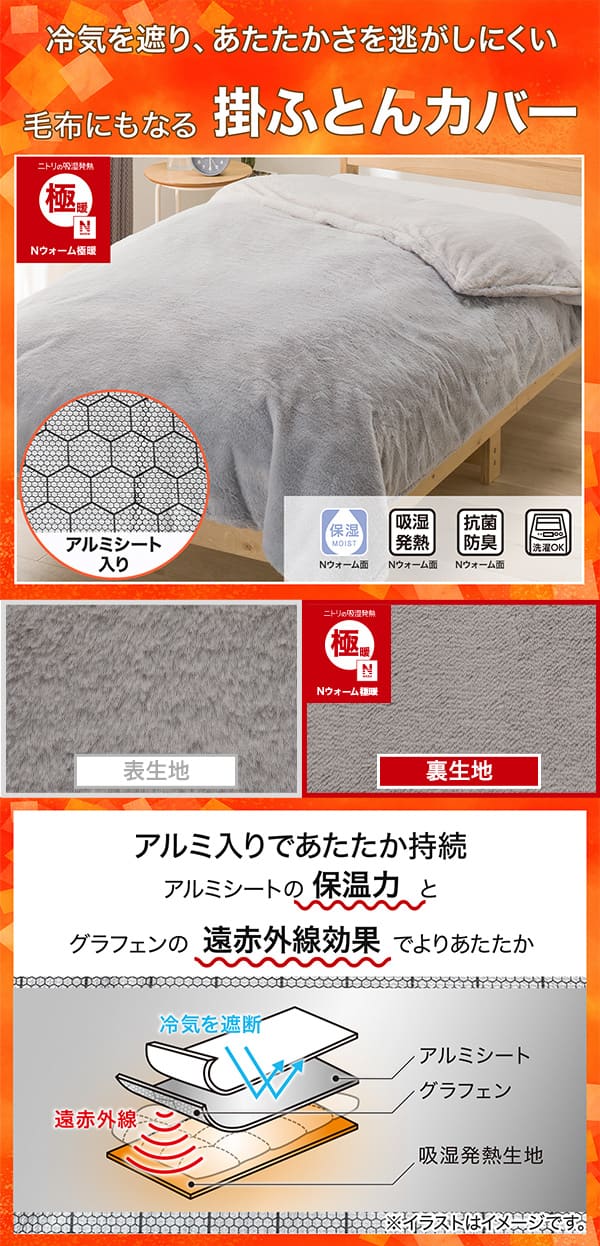 冷気を遮りあたたかさを逃がしにくい。毛布にもなる掛ふとんカバー。ニトリの吸湿発熱Nウォーム極暖。アルミシート入り。保湿（Nウォーム面）吸湿発熱（Nウォーム面）抗菌防臭（Nウォーム面）洗濯OK。アルミ入りであたたかさ持続アルミシートの保温力とグラフェンの遠赤外線効果でよりあたたか