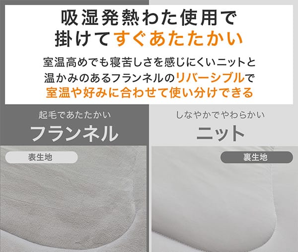 吸湿発熱わた使用で掛てすぐあたたかい。裏生地は、室温高めでも寝苦しさを感じにくいニット。表生地は、温かみのあるフランネルのリバーシブルで室温や好みに合わせて使い分けできる。