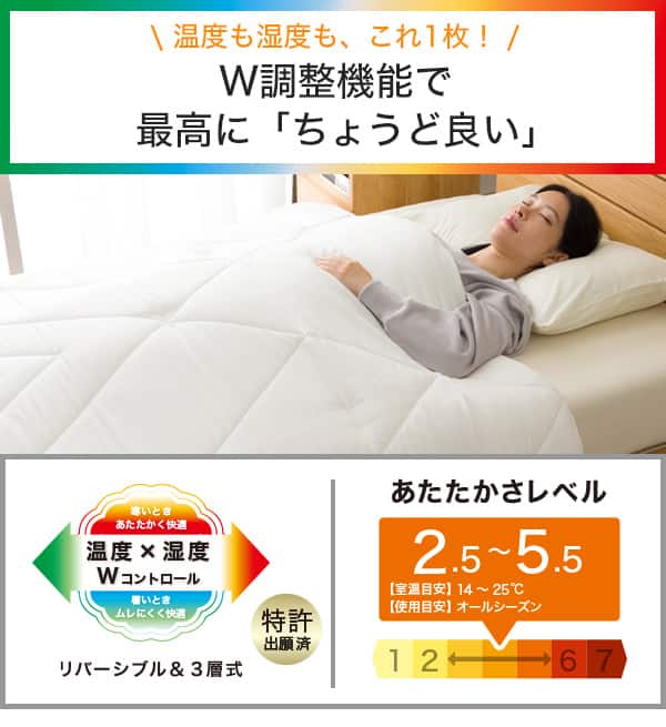 温度も湿度も、これ1枚！W調整機能で最高に「ちょうどい良い」温度×湿度　Wコントロール。寒いときあたたかく快適。暑いときムレにくく快適。リバーシブル＆3層式。(特許出願済)あたたかさレベル2.5～5.5。室温目安14～25度。仕様目安オールシーズン