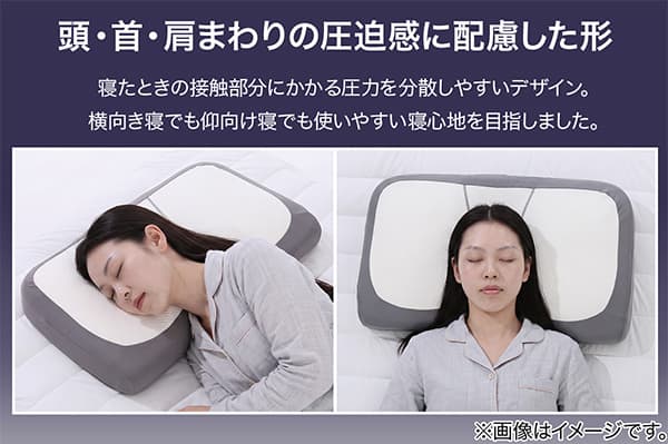 頭・首・肩まわりの圧迫感に配慮した形。寝たときの接触部分にかかる圧力を分散しやすいデザイン。横向き寝でも仰向け寝でも使いやすい寝心地を目指しました。