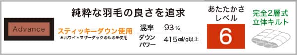 Advance 純粋な羽毛の良さを追求。あたたかさレベル6。スティッキーダウン使用※ホワイトマザーダッグのものを使用。混率93％415cm³/g以上。完全2層式立体キルト仕様。