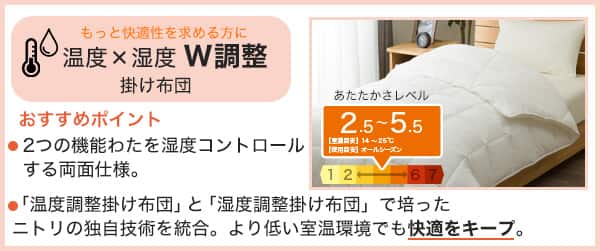 もっと快適性を求める方に温度×湿度W調整掛け布団。おすすめポイント、2つの機能わたを湿度コントロールする両面仕様。「温度調整掛け布団」と「湿度調整掛け布団」で培ったニトリの独自技術を統合。より低い室温環境でも快適をキープ。